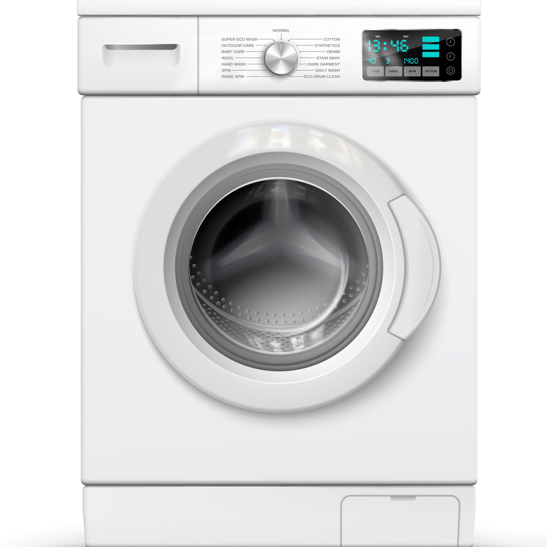 Realistic washing machine set with isolated front views of laundry machines with closed and open door vector illustration